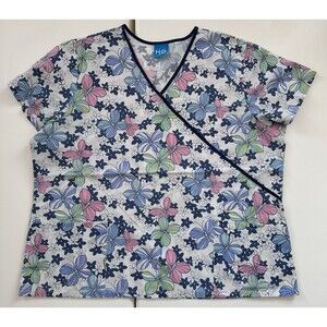 Scrub H.Q. Butterfly Floral Scrub Top Womens XL Blue Pink Faux Wrap Nurse